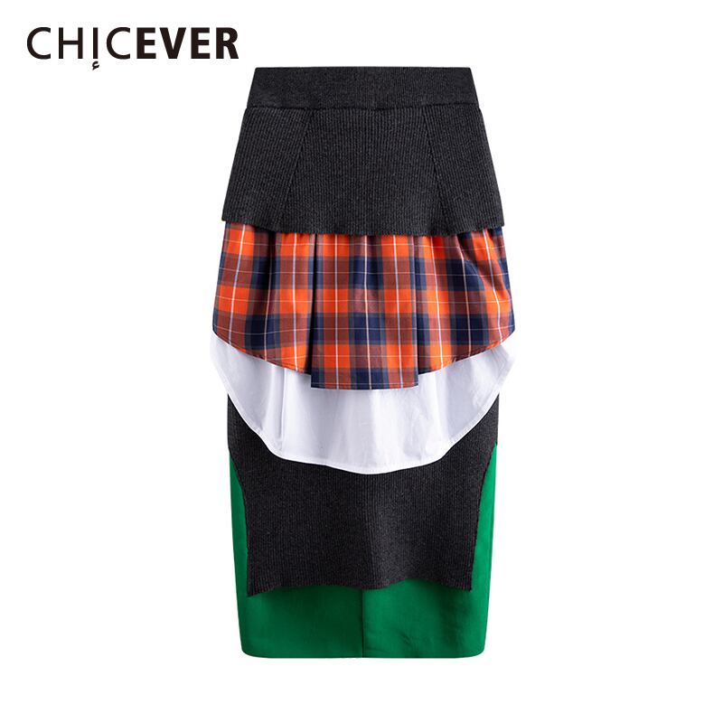 CHICEVERパッチワークスカートレディースウエストフリルチェック柄ヒットカラースカート2020春服タイド ラッフル スプリング 春物 6base525170690745