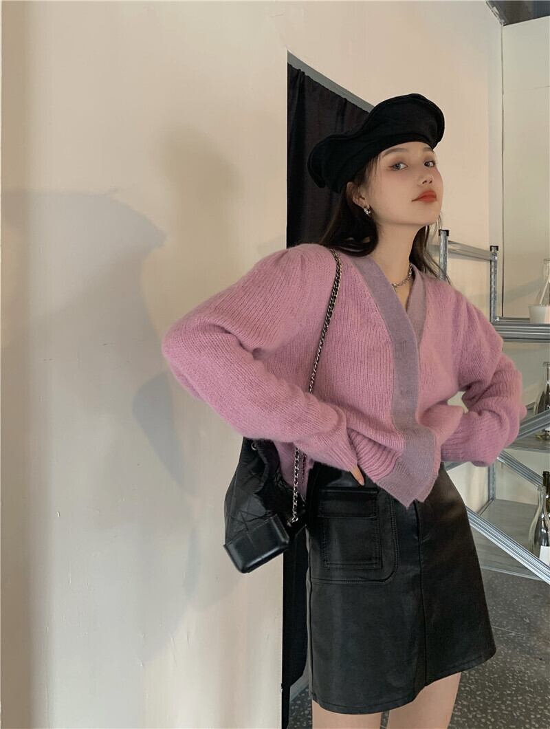 スタイルスタンダードカーディガンセーター オータムVネックトップス ロング レトロ 秋物 パープル モンロー42254821486