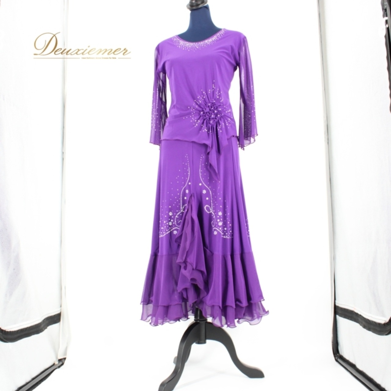 社交ダンス 衣装 スタンダード 上下セット ツーピース パーティ衣装 女性用 レディース オールシーズン ACROSS パープル系 紫 ラインストーン レース パーティー ダンス衣装 練習着 フォーマル ストレッチ スカート ワンピース 衣装セット かわいい おしゃれ ゆったり 派手 おすすめ 日常使い 発表会 ヨガ フィットネス 上下セットアップ 輝き ラメ 光沢 透け感