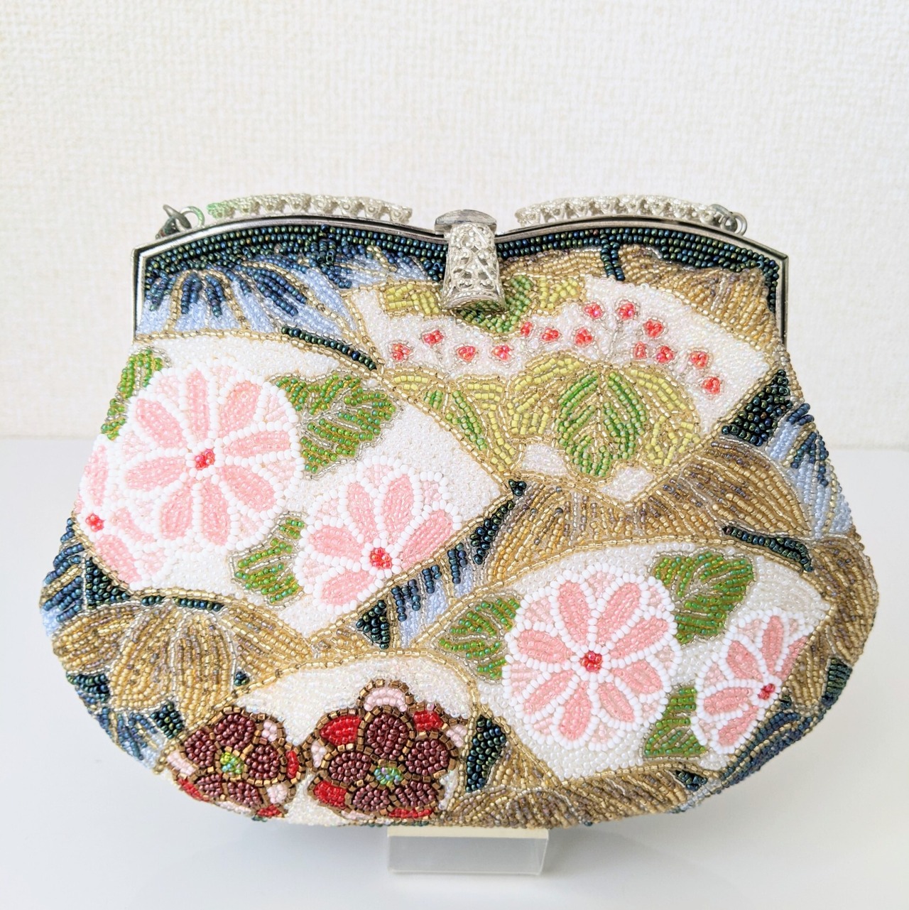 Vintage】ビーズ刺繍バッグ Beaded Bag 深緑 花扇柄 パーティーバッグ 