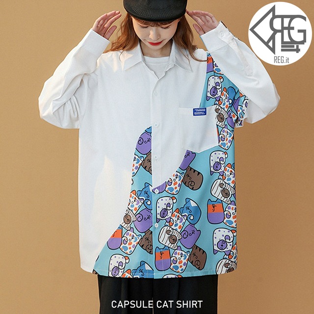 【REGIT】CAPSULE CAT SHIRT-WHITE S/S 韓国ファッション トップス 長袖 シャツ ストリート系 ユニセックス オーバーサイズ メンズライク 10代 20代 ねこ プチプラ 着映え ネット通販 TTB048