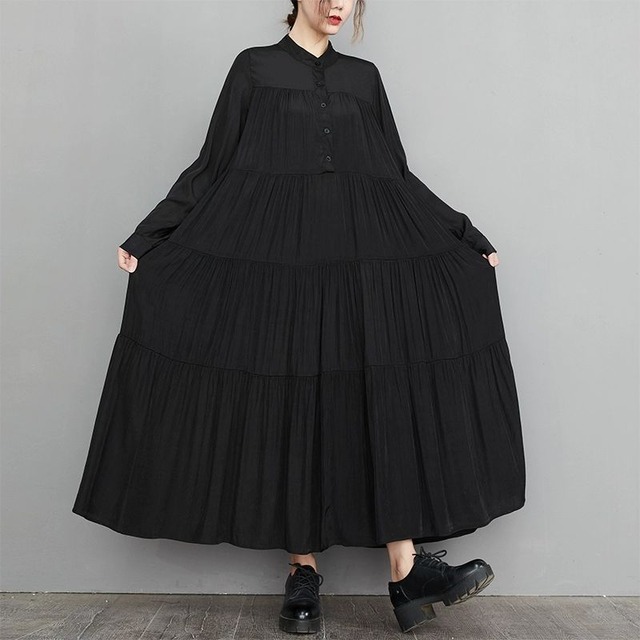 BLACK STAND COLLAR A-LINE LONG TIERED SHIRT DRESS 1color M-10428