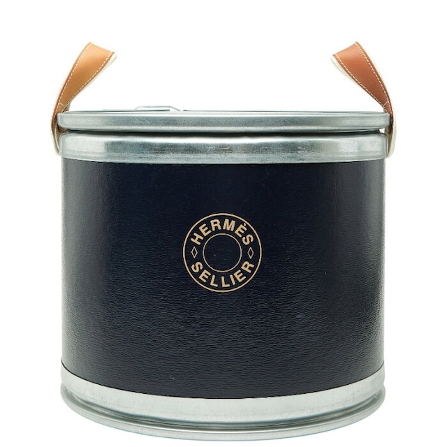エルメス サドルボックス 馬具缶 収納BOX ネイビー シルバー レザー メタル リサイクル段ボール レディース HERMES 【中古】