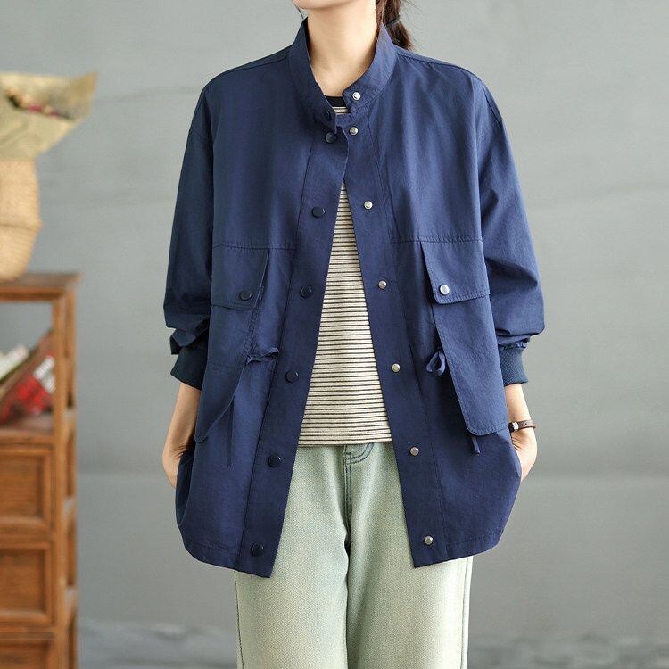 RELAXED STAND COLLAR UTILITY POCKET LONG JACKET M-18468