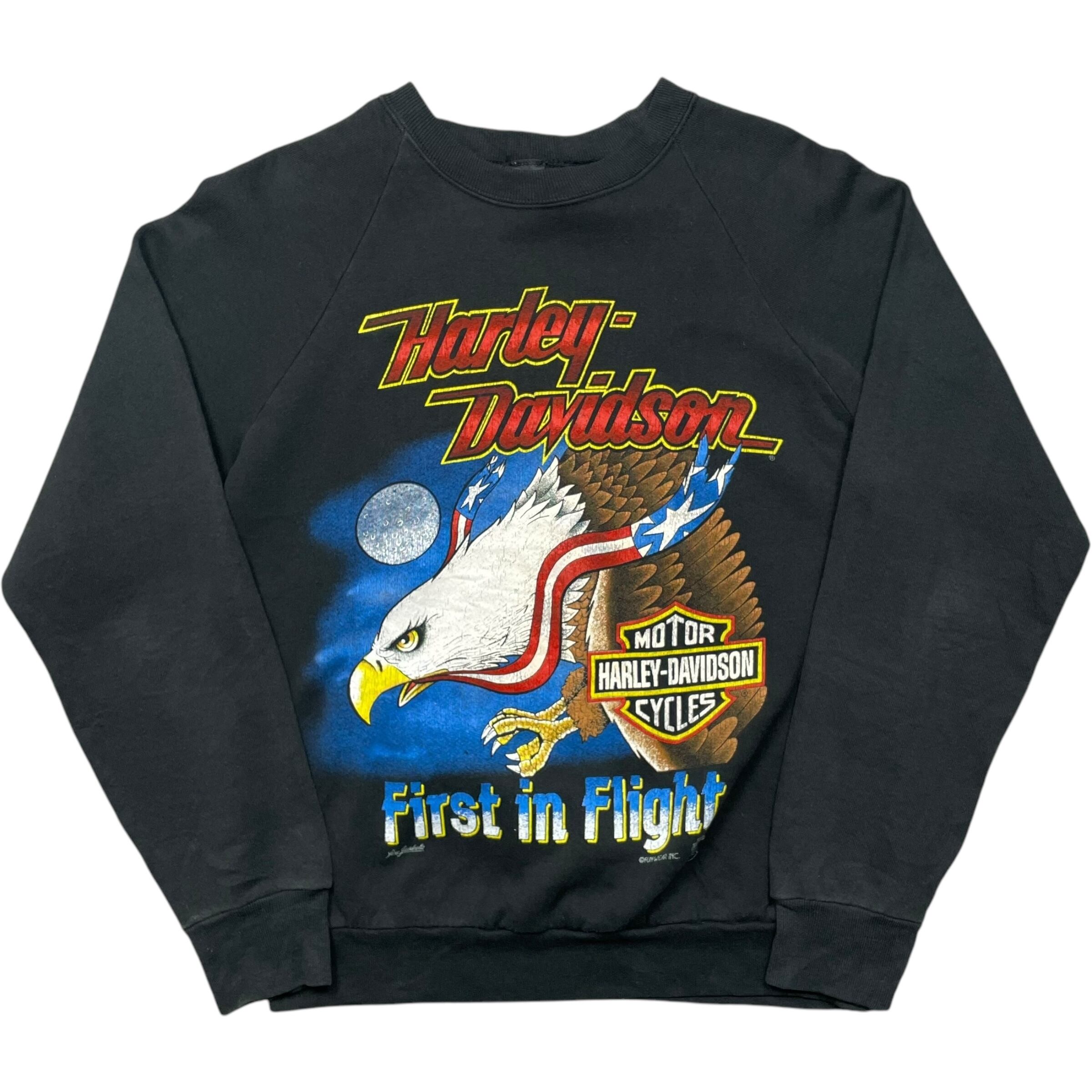《L》Harley-Davidson ハーレーダビッドソン プリント スウェット ブラック ラグランスリーブ USA製90年代 vintage no.6010