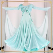 社交ダンス 衣装 スタンダード ドレス ワンピース パーティドレス Create-Sun クリエイトサン ライトブルー系 水色 レース 派手 発表会 ラインストーン フロート ふんわり広がる シルエット エレガント 夏用 高品質 伸縮性 発表会用 フェスティバル 洋服 レディース スマートカジュアル 動きやすい