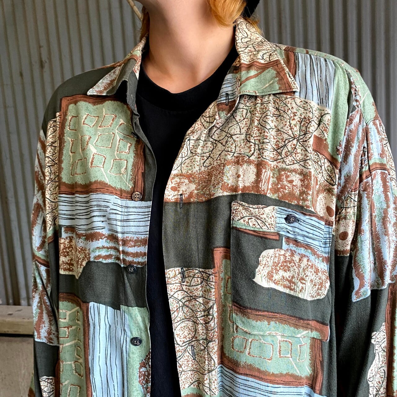 Camargue ユーロブランド アート柄 レーヨン 長袖 総柄シャツ メンズXL