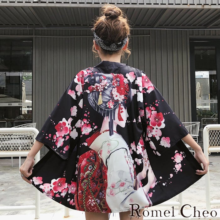 RomelCheo 舞妓花柄羽織 七分袖 和柄 和風 シャツ 総柄 羽織り 夏 涼しい 日焼け対策 冷房対策 モード 和装 浴衣 法被 半纏  カーディガン レディース ゆめかわいい 個性的 原宿系 ストリート ロメルチェオ