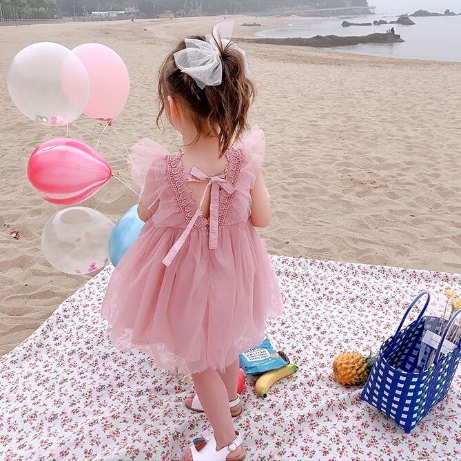 【80-130cm】全2色バックリボンチュールワンピース