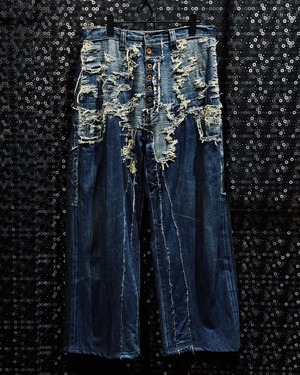 【ÆIEM】Yuumu Abe “Decayed Armor” layered destroyed wide flare denim pants