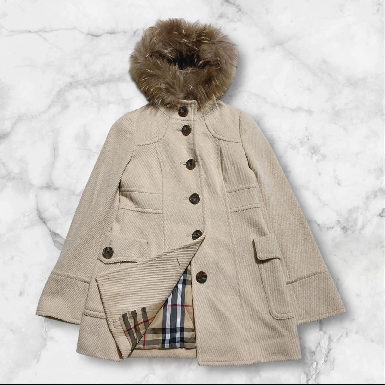 BURBERRY BLUE LABEL バーバリーブルーレーベル ウールコート アンゴラ混 リアルファー ノバチェック S