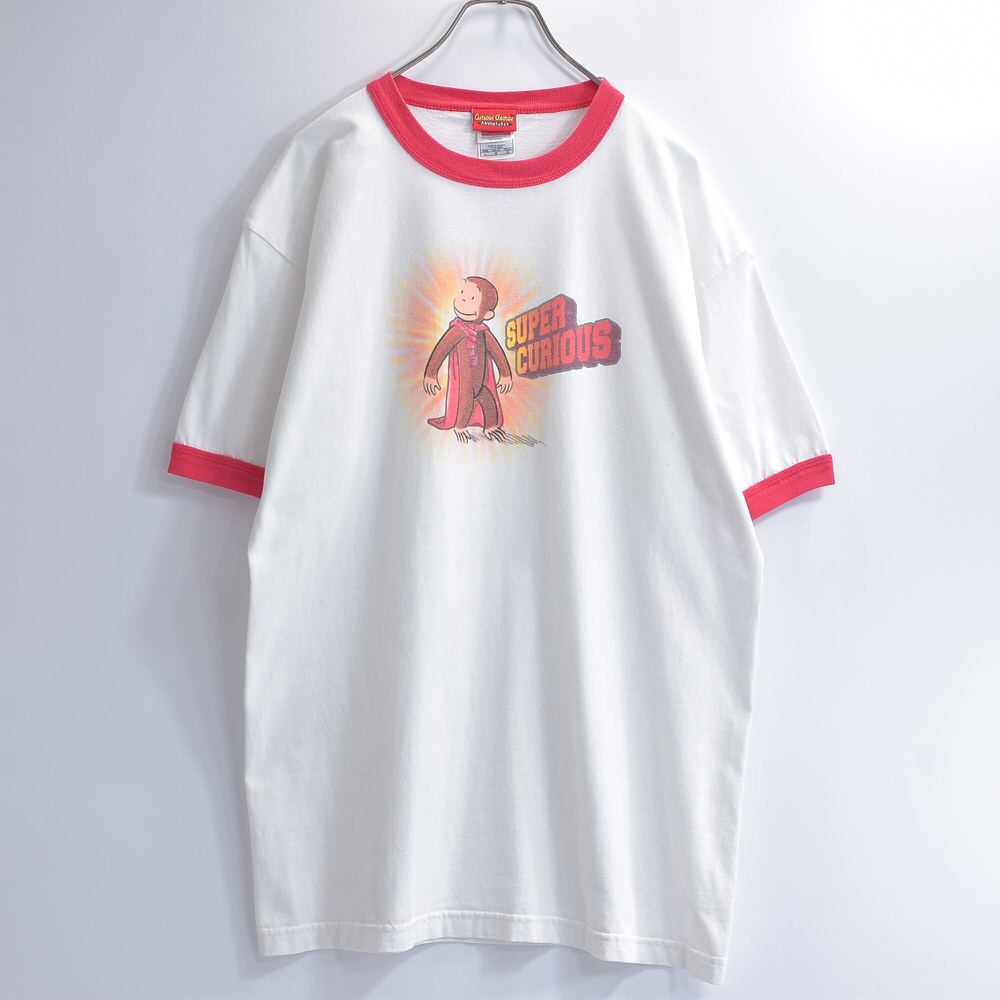 90s おさるのジョージ Curious e リンガーTシャツ 希少 古着 90s Curious George おさるのジョージ 絵本 キャラクター