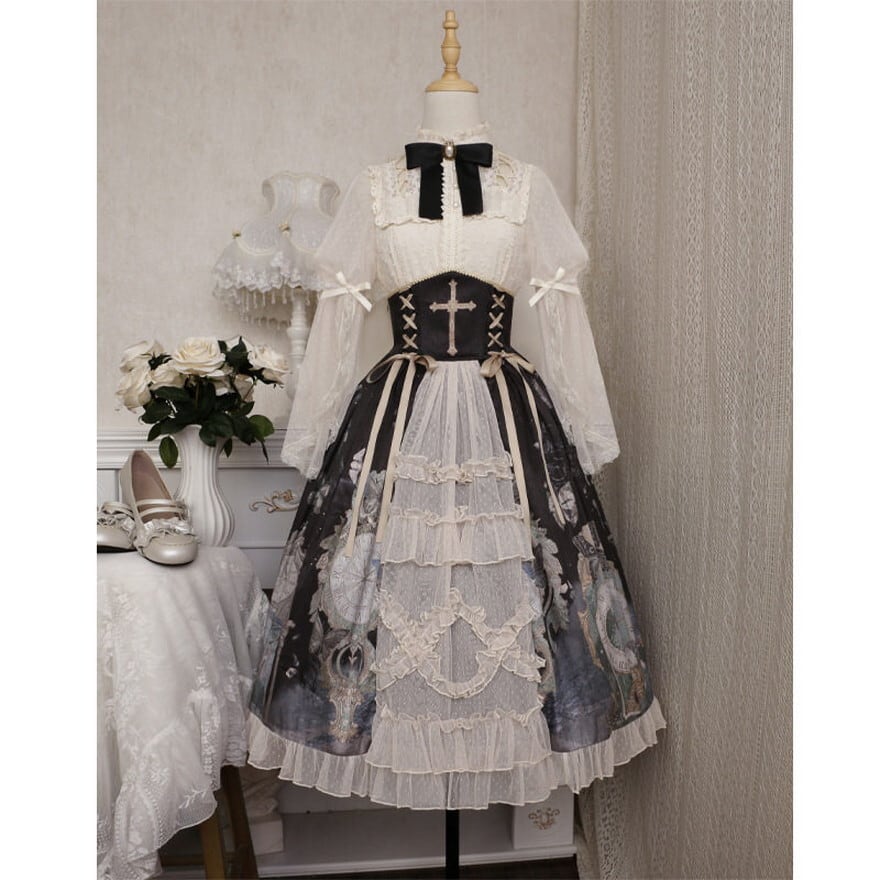 ゴスロリ 十字架コルセット風セットアップ シャツ×JSK×スカート