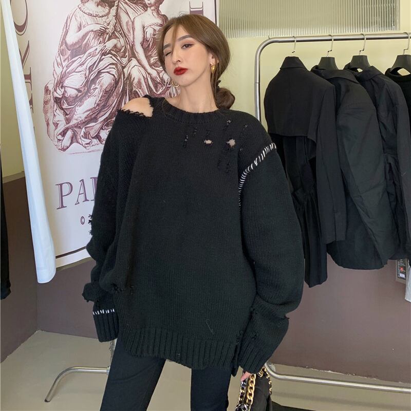 セーター レディースニットオータムウィンターブラックルーズトップス 秋物 冬物 オフショルダー ブラックストロベリース51799570103
