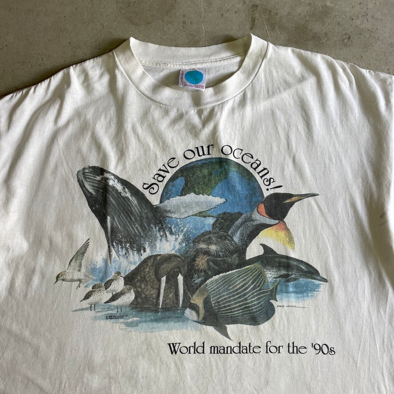 ビッグサイズ 90年代 USA製 GET INVOLVED INC. 海洋生物 アニマル プリントTシャツ メンズ2XL 古着 アート 動物 90s  ビンテージ ヴィンテージ シングルステッチ 両面プリント バックプリント ホワイト 白 