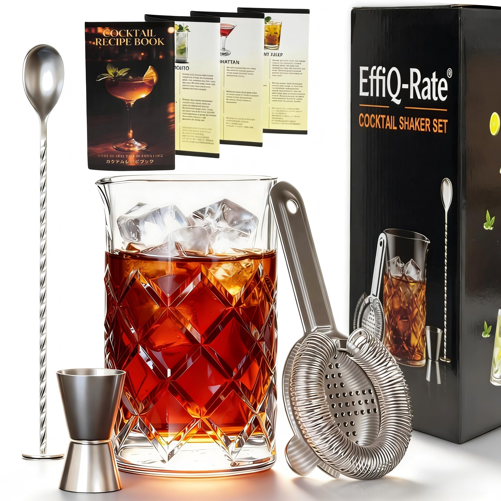 【特価処分】EffiQ-Rate ミキシンググラス バーテンダー 4点セット 初心者も本格派 無鉛ガラス 700ml バースプーン スプリングストレーナー メジャーカップ カクテルレシピ 付き コンパクトで道具が揃う