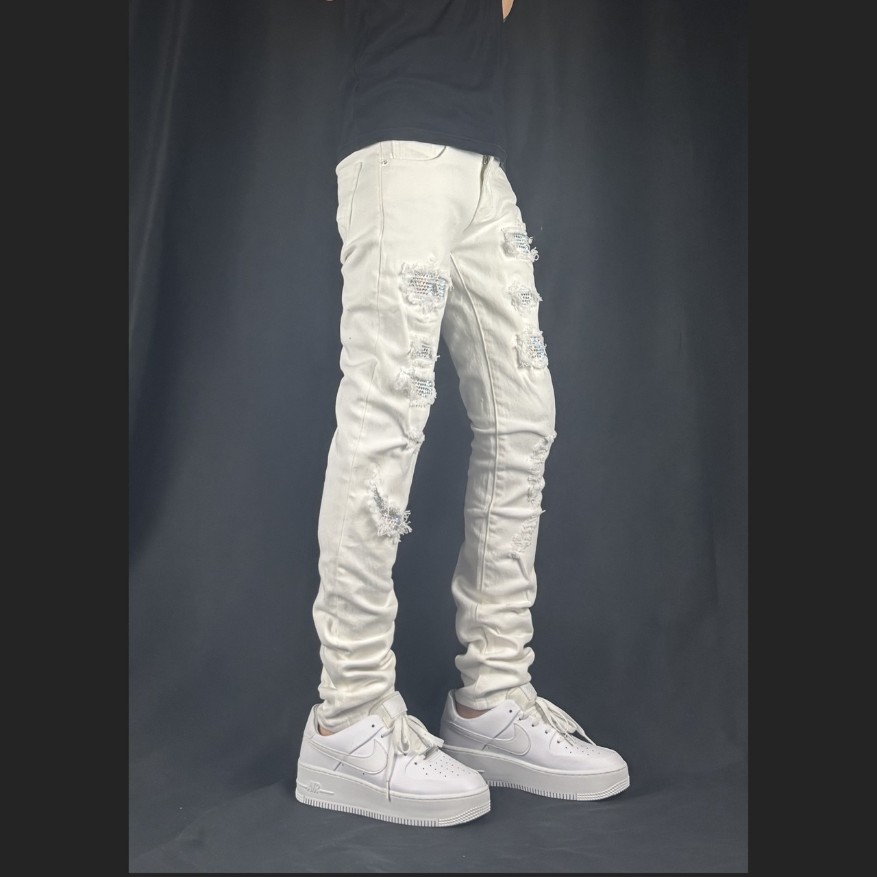 high street rhinestone distressed white denim【ES063】 - 2