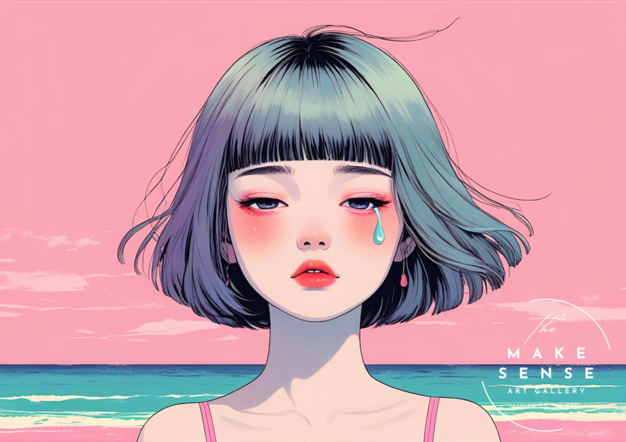 Pink Tide Tears｜涙と海が溶け合うボブヘア少女のアートポスター｜感情を映すピンクの空と静かな波｜モダン人物画｜A3ポスター