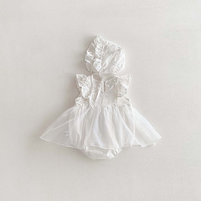 【セット】フラワー刺繍チュールフリルロンパース帽子セット - 17
