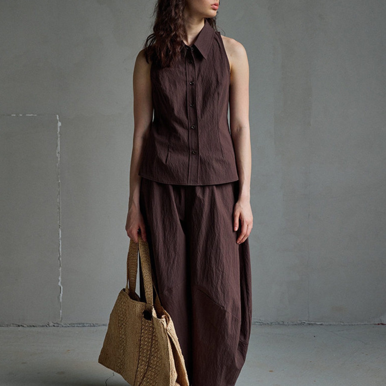 Sleeveless Shirt Collar Button Front Shirt  T4548