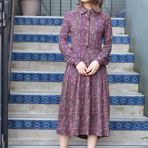 RETRO VINTAGE GEOMETRIC PATTERNED LONG SLEEVE ONE PIECE/レトロ古着幾何学柄長袖ワンピース