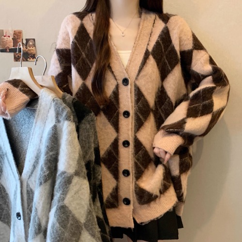 3色／アーガイルシャギーニットカーディガン ・73139