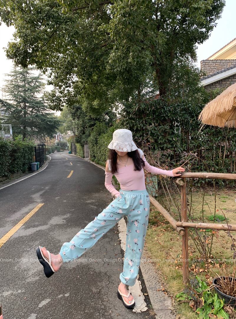 カジュアルパンツ ハイウェストストレッチFlowerデザイン レディース エラスティック 伸縮 フラワーデザイン ビッグFスモールZ韓国21763166223