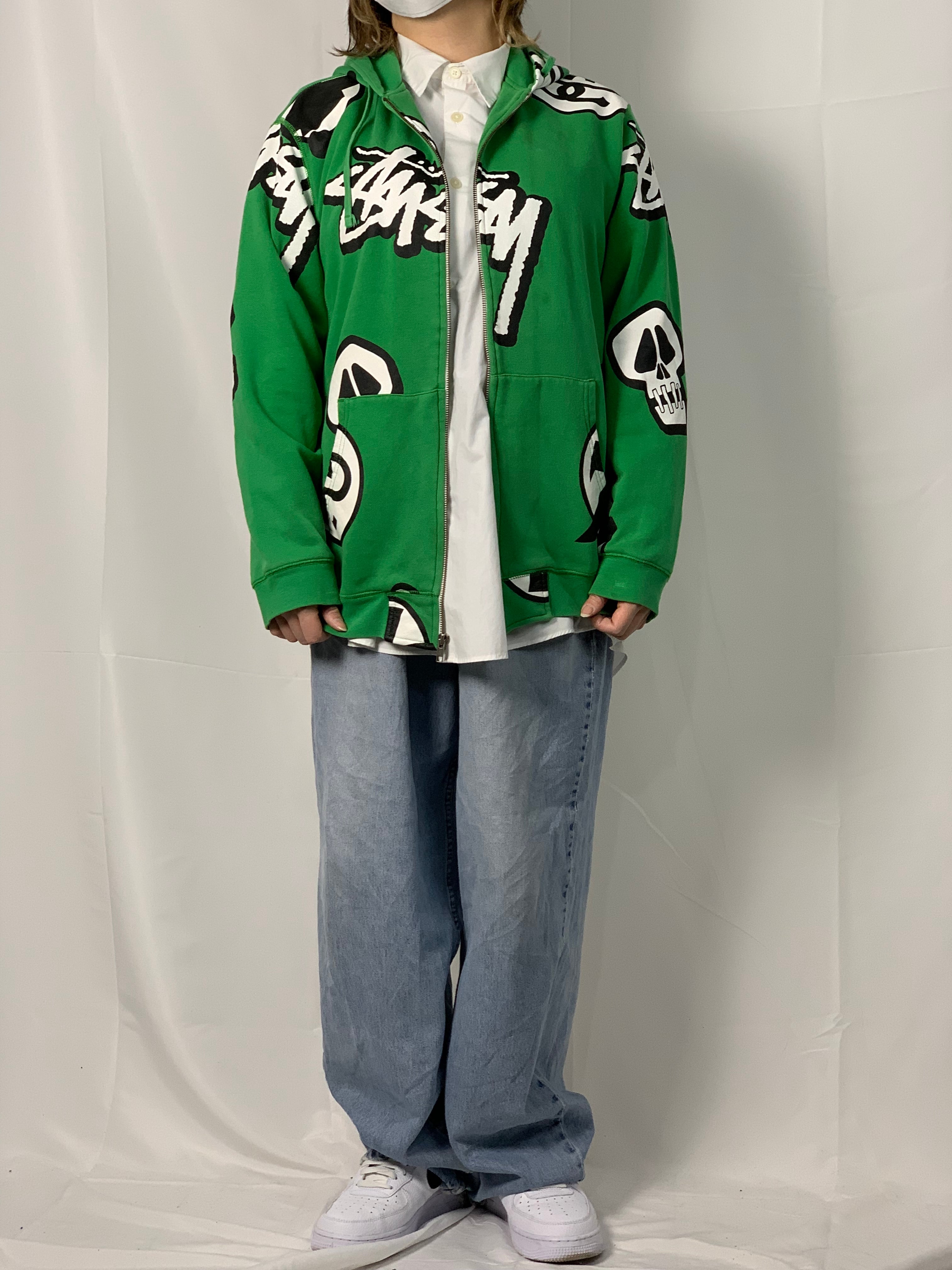 レアデザイン【stussy】総柄総ロゴプリントロゴデザインジップパーカー