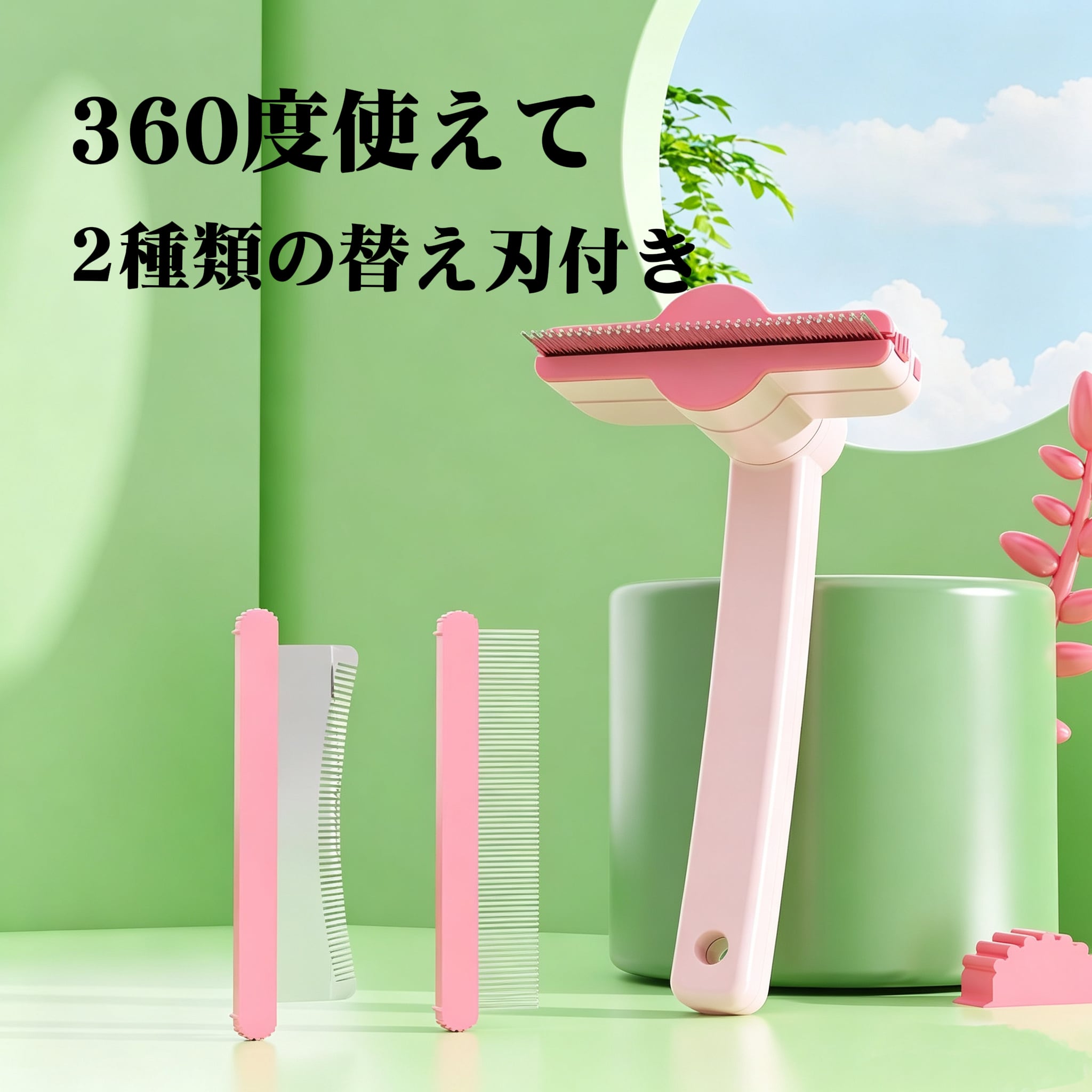 425.HANA 360度回転 ペット用ブラシ｜抜け毛取り・毛量調整・毛並みケア｜替え刃式