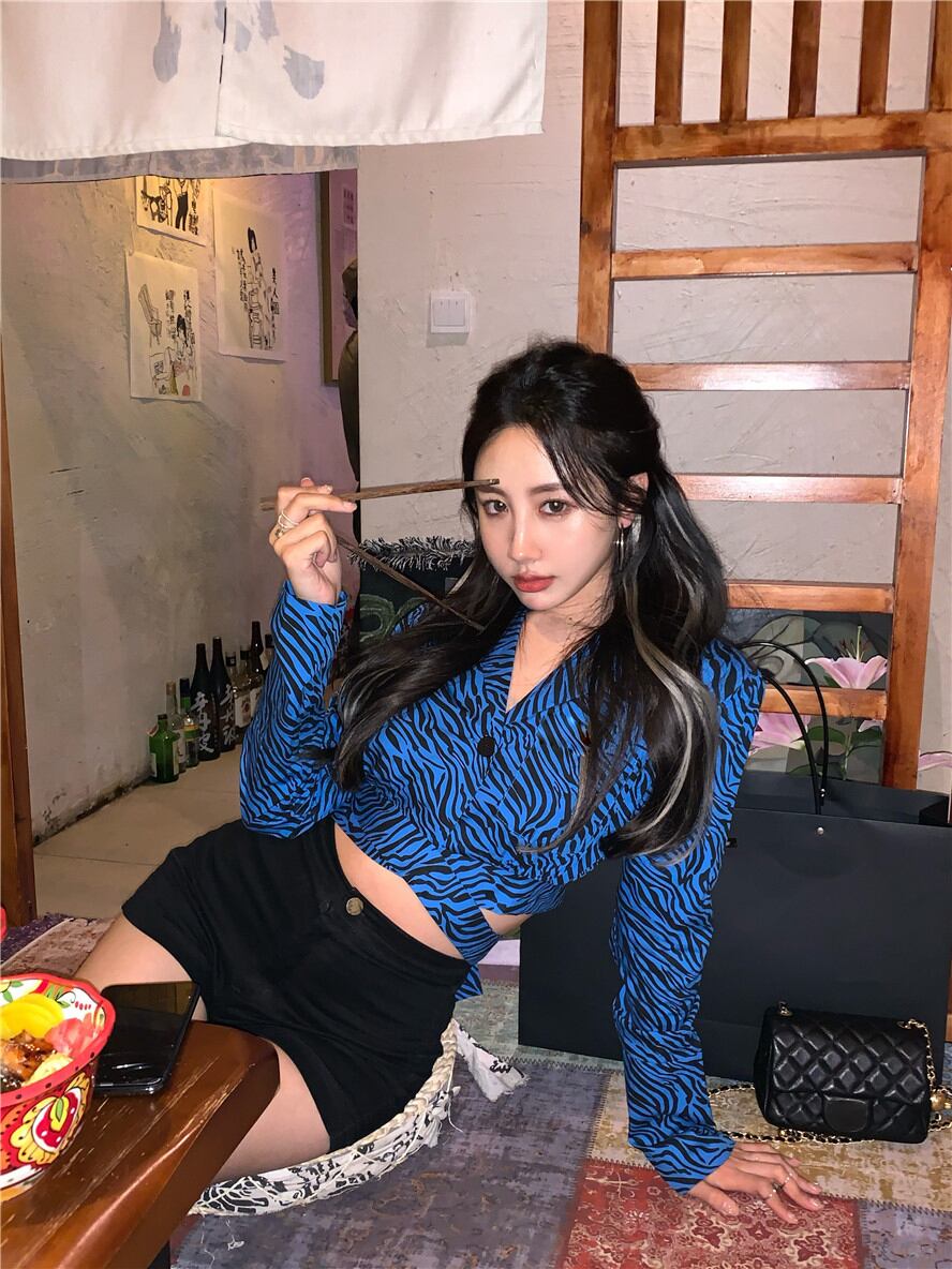 Vネックブルーゼブラプリントシャツレディース秋のファッションウエスタンスタイル長袖シャツデザインニッチショートトップ ブラックストロベリース59252888274