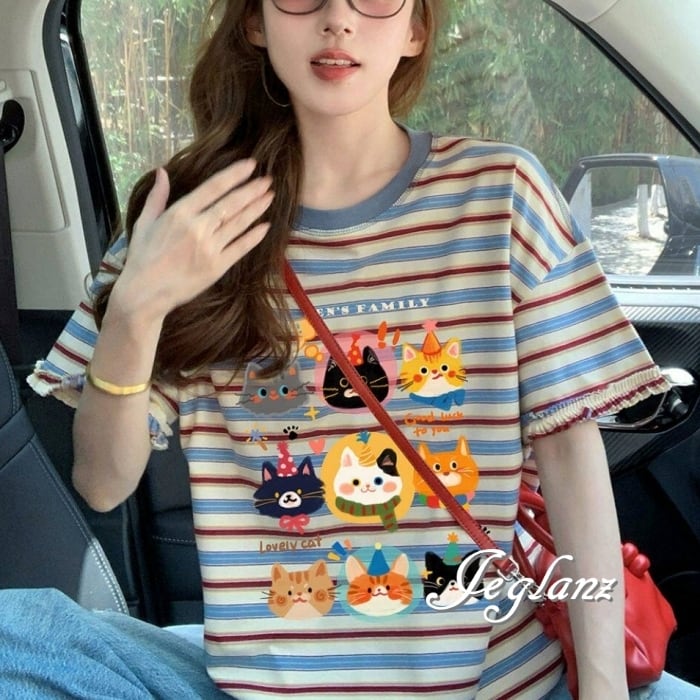 マルチ ボーダー キャット デザイン Tシャツ フリル レース (MC756)β