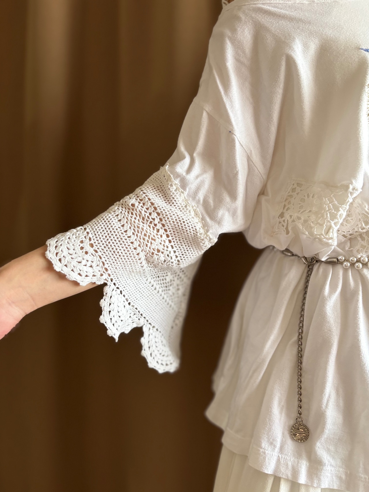 crochet lace panel embroidered remake t-shirt-5310-7