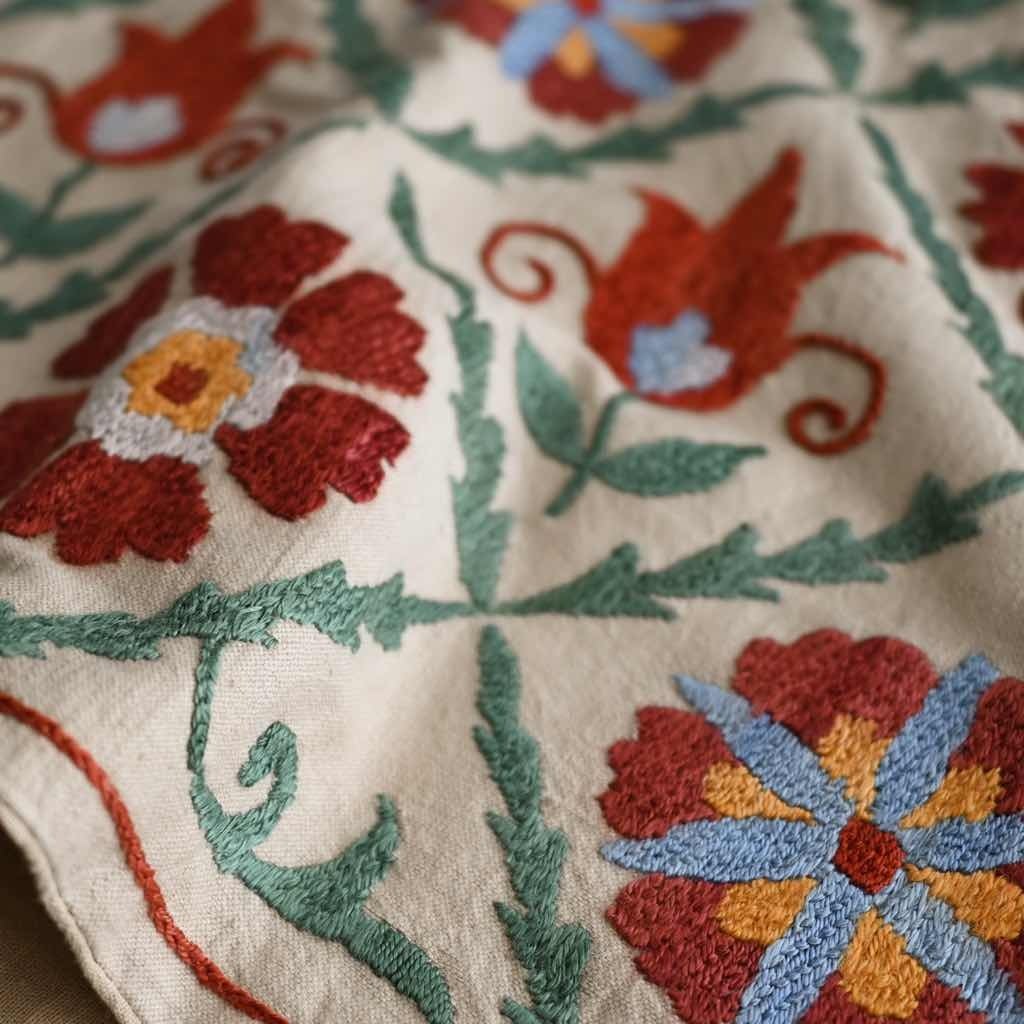 ウズベキスタンからの贈り物 ］スザニ刺繍 ピローカバー｜花柄 壁掛け