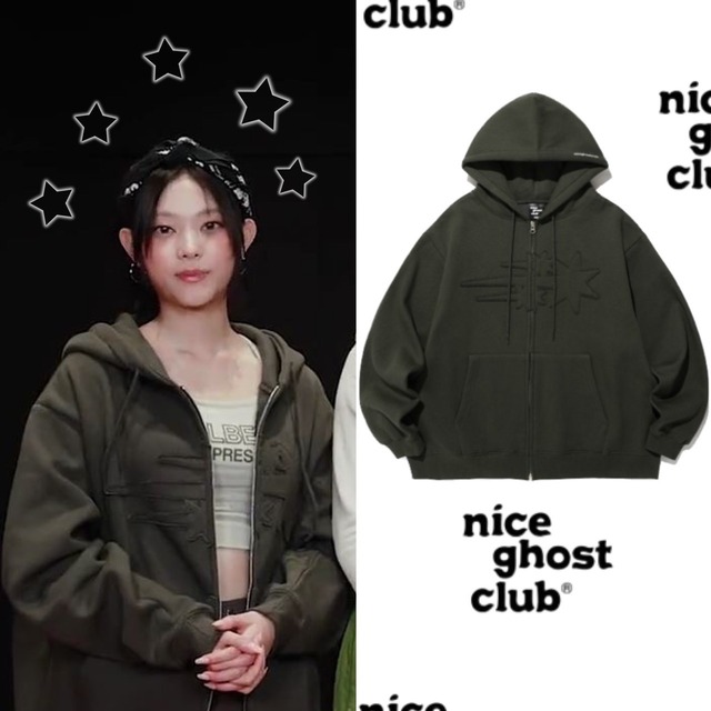 ★New Jeans ヘリン 着用！！【NICE GHOST CLUB】スリースターロゴフードジップアップ CHARCOAL