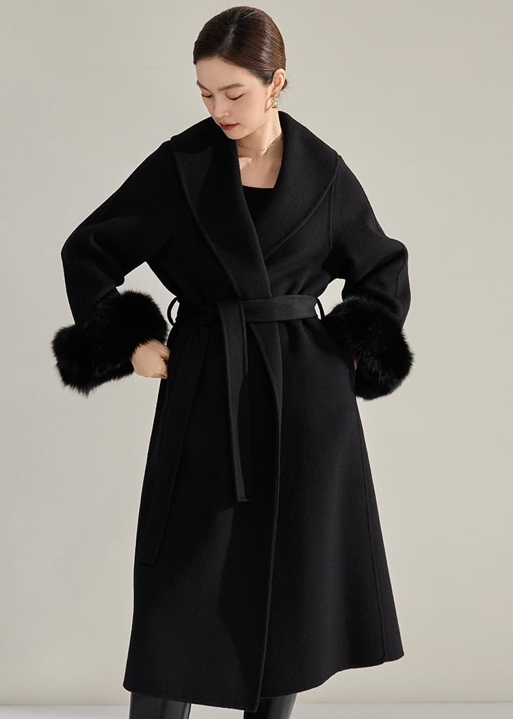 【Premium】フォックスファー付きロングウールブレンドリバーコート-ブラック