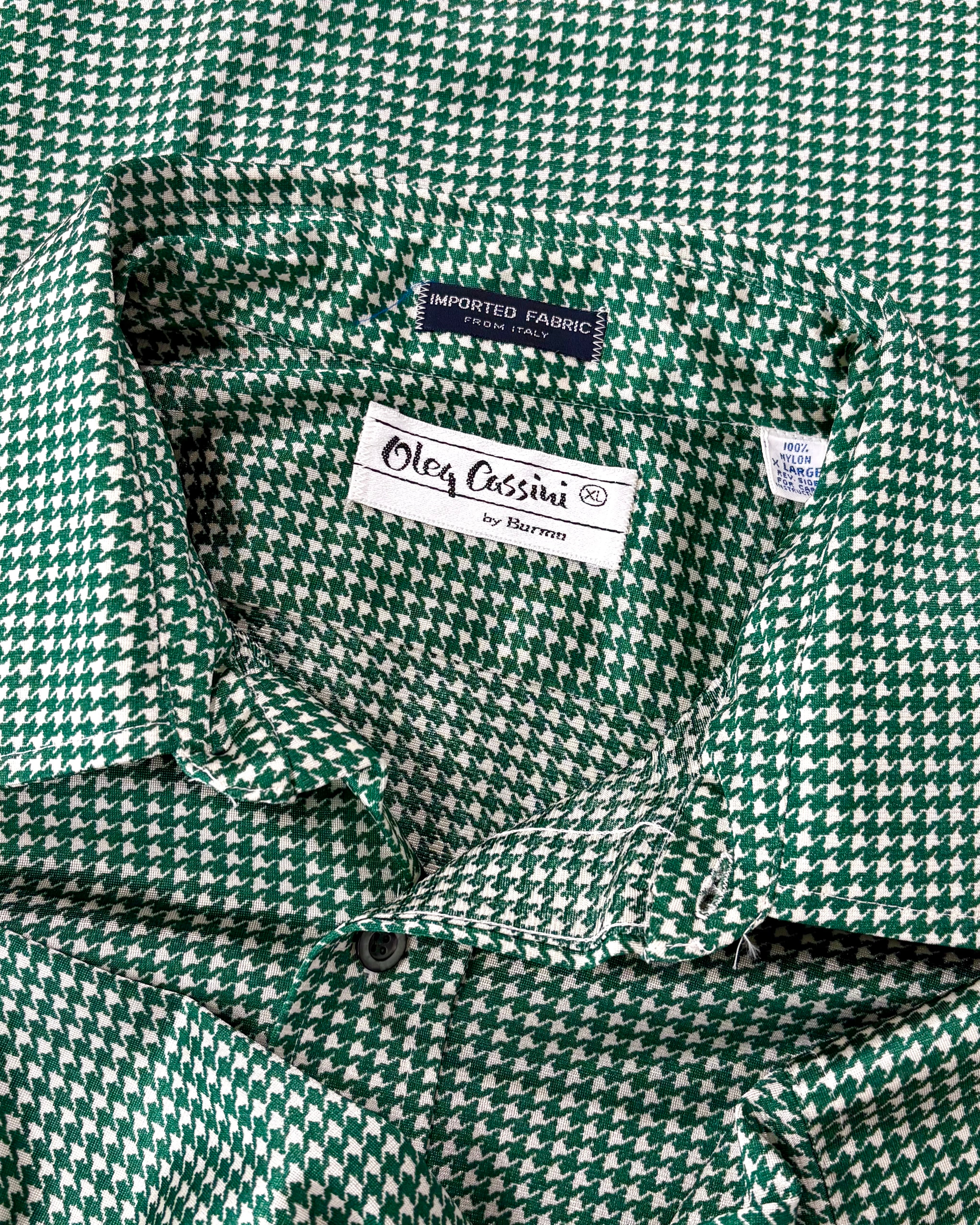 70s~ Oleg Cassini Houndstooth Pattern L/S Nylon Shirt
