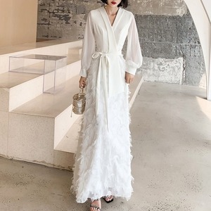 ワンピース レディース 送料無料 2色 長袖 Vネック ドレス レース フレアワンピース 起毛 バルーンスリーブ シフォン 透け感 フェザー 羽 ふわふわ カシュクール風 ミディアム丈 リブニット タイト 袖なし カシュクール フレア シフォン ウエストマーク ウエストリボン エレガント 大人可愛い きれいめ 華やか 上品 レトロ クラシック ガーリー モード系 ホワイト ブラック ウエストマーク リボン オケージョン 体型カバー 高見え XS S M L XL 2XL 3XL