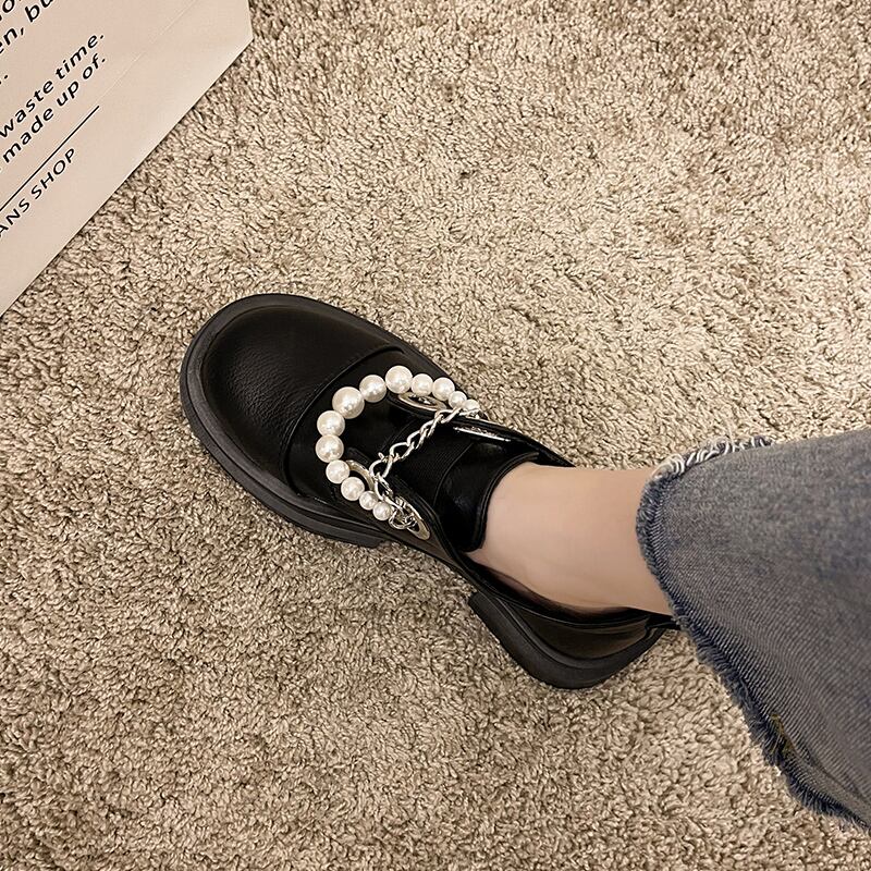 シングルスプリングオータムスタンダードパールチェーン レザー 靴 シューズ レトロ 春物 秋物 ラウンドトー 真珠 部族の婦人靴27663377551