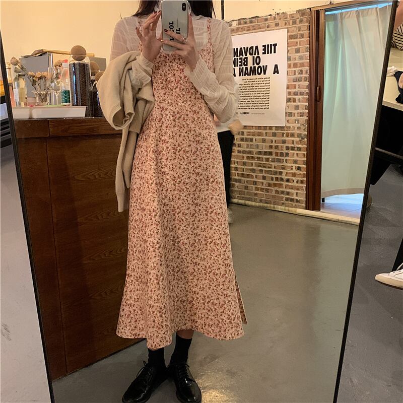 コーデュロイドレス フローラルミディスカート オータムウィンタースリムルーズ 秋物 冬物 花柄 ブラックストロベリース73145530890