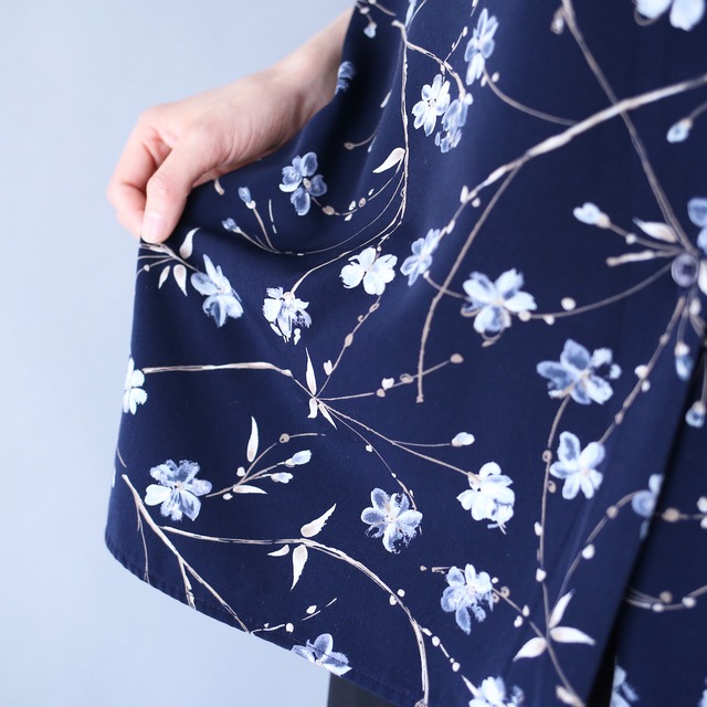 "花柄" navy base beautiful blue flower open collar h/s shirt