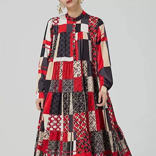 ワンピース 長袖 レトロ 格子柄 プリント ブロックシャツ フロントボタン ロング丈 レディース 体型カバー 大きいサイズ ゆったり 春 新作 カジュアル 大人スタイル スプリングウェア