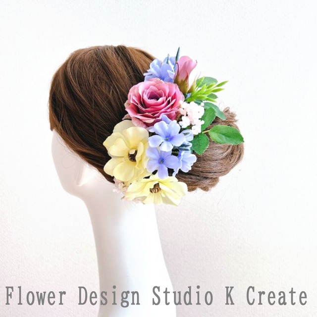 ウェディング・成人式・袴髪飾りに♡モーブピンクの薔薇とクリームイエローのお花のヘッドドレス 結婚式 ウエディング 前撮り 袴 振袖 髪飾り ヘッドピース 黄色 モーブ ピンク 水色