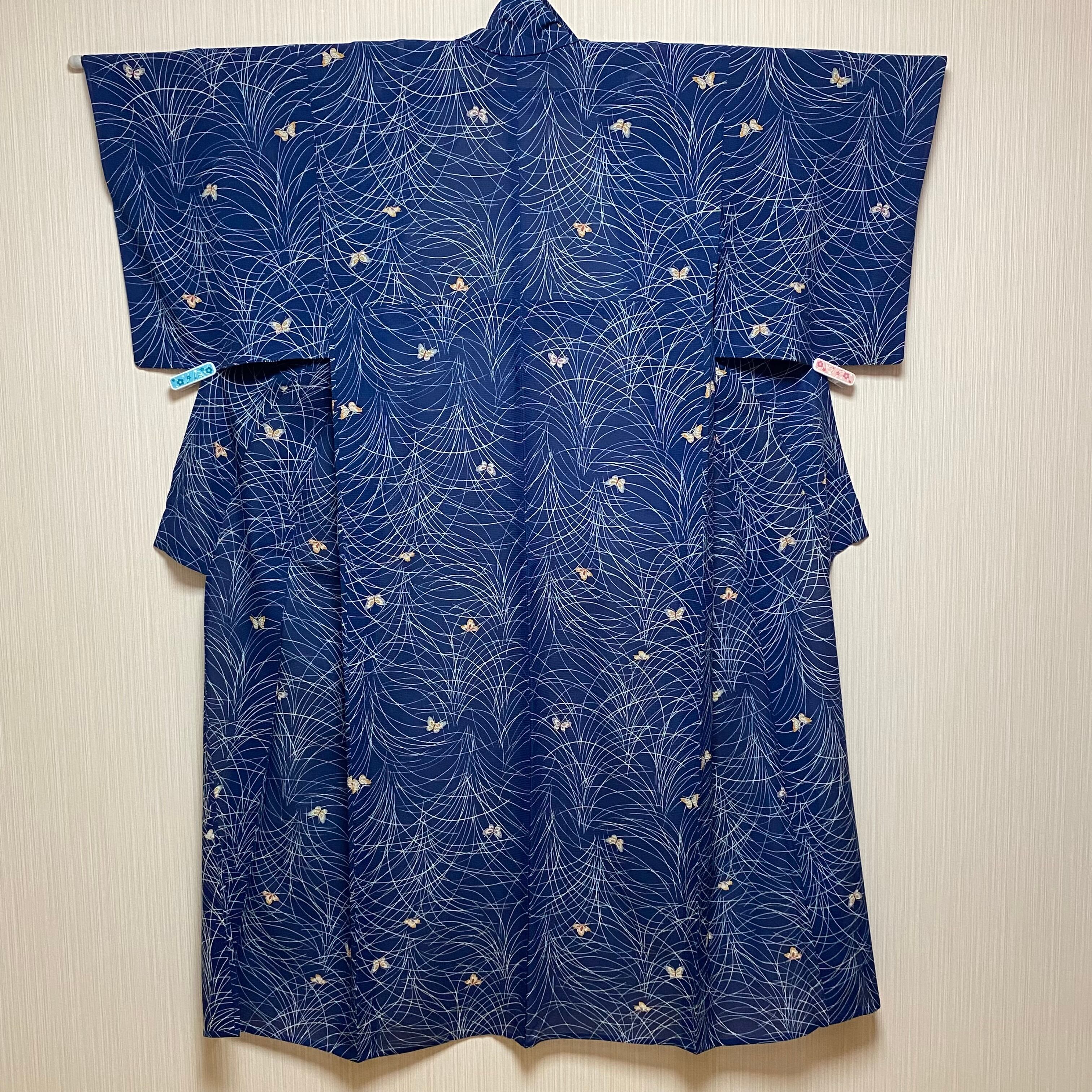 薄物 絽】小紋 単衣 横縞 蝶々 すすき 中縹色 夏着物 清涼感 昭和