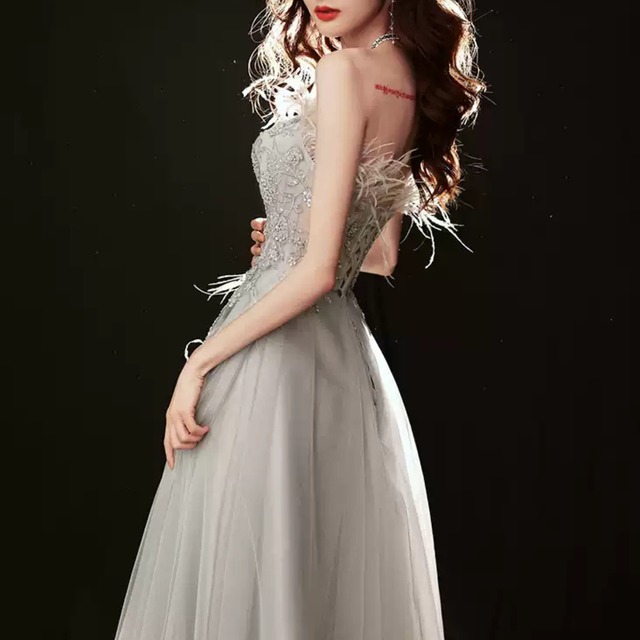 チューブトップビジュー装飾Aラインドレス CL0118