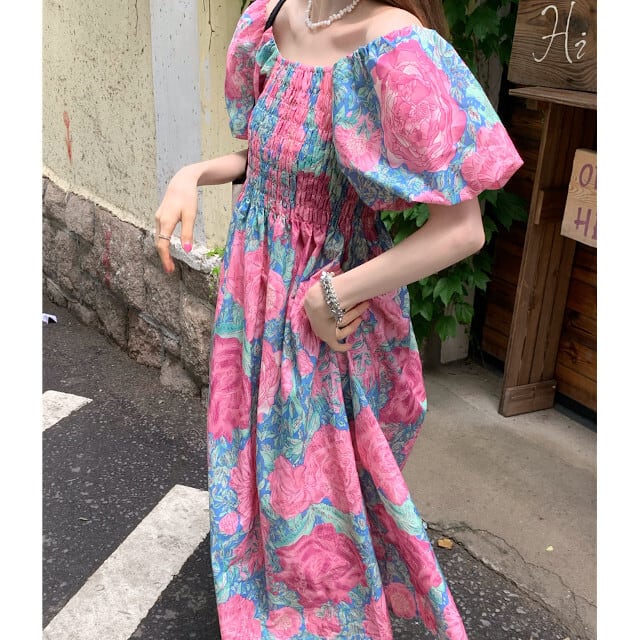 ワンピース レディース ロングワンピ パフスリーブ 花柄 フラワー