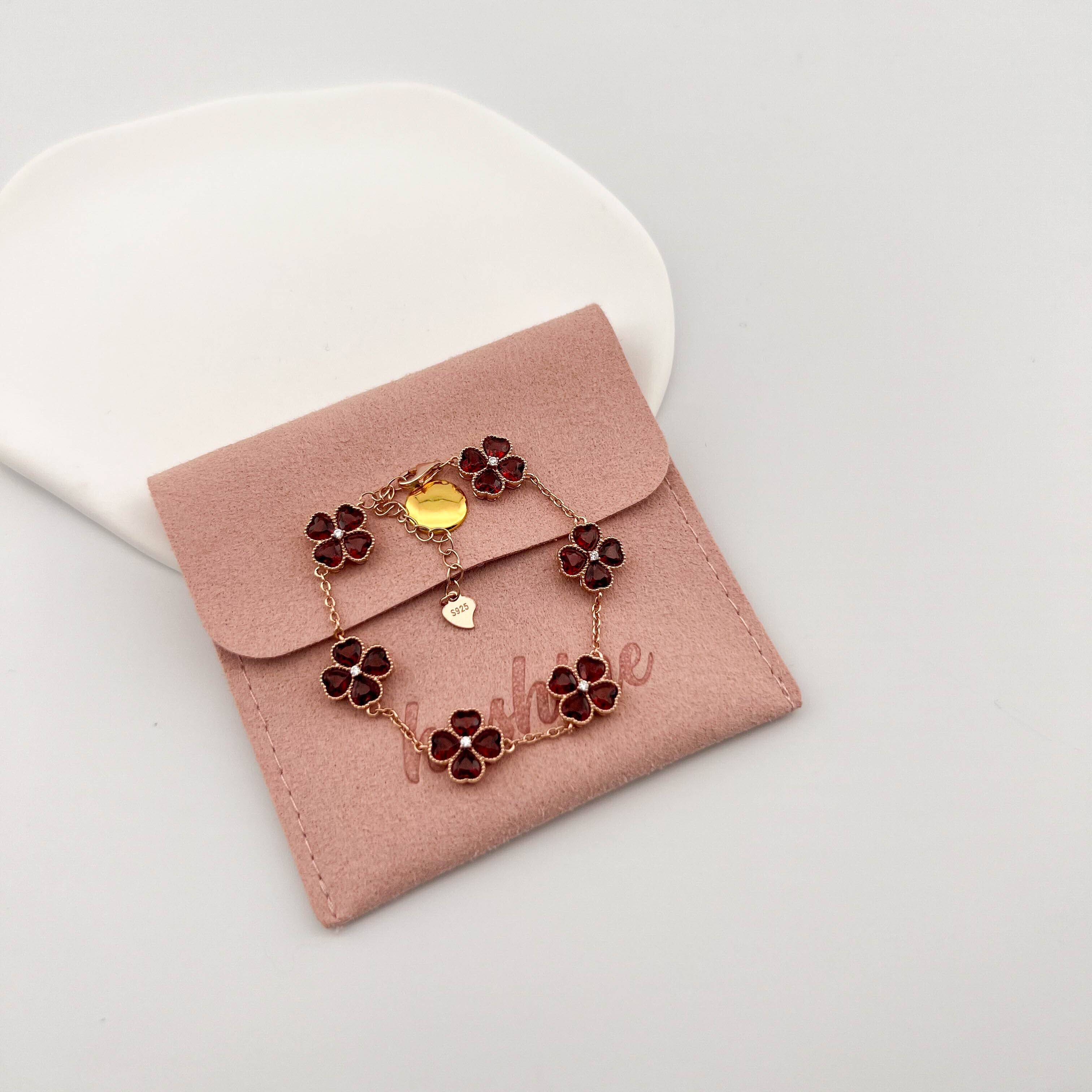 レディース 天然ガーネット 四つ葉のクローバー Silver925 ローズゴールドメッキ ブレスレット