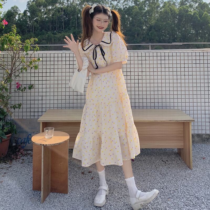 フローラルスリーブドレス サマースタイル薄手ロングスカート 夏物 花柄 試着室96552830915