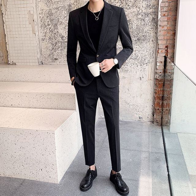 【予約販売】メンズ スーツ 無地 シック スリム 男前 ブラック グレー ジャケット パンツ セット セットアップ パーティ 二次会 同窓会 結婚式 韓国 トレンド 大きいサイズ M/L/XL/2XL/3XL/4XL