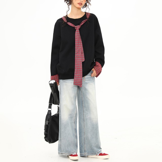 checked ribbon design loose sweatshirt　チェック柄リボンデザインルーズスウェットシャツ　J1526