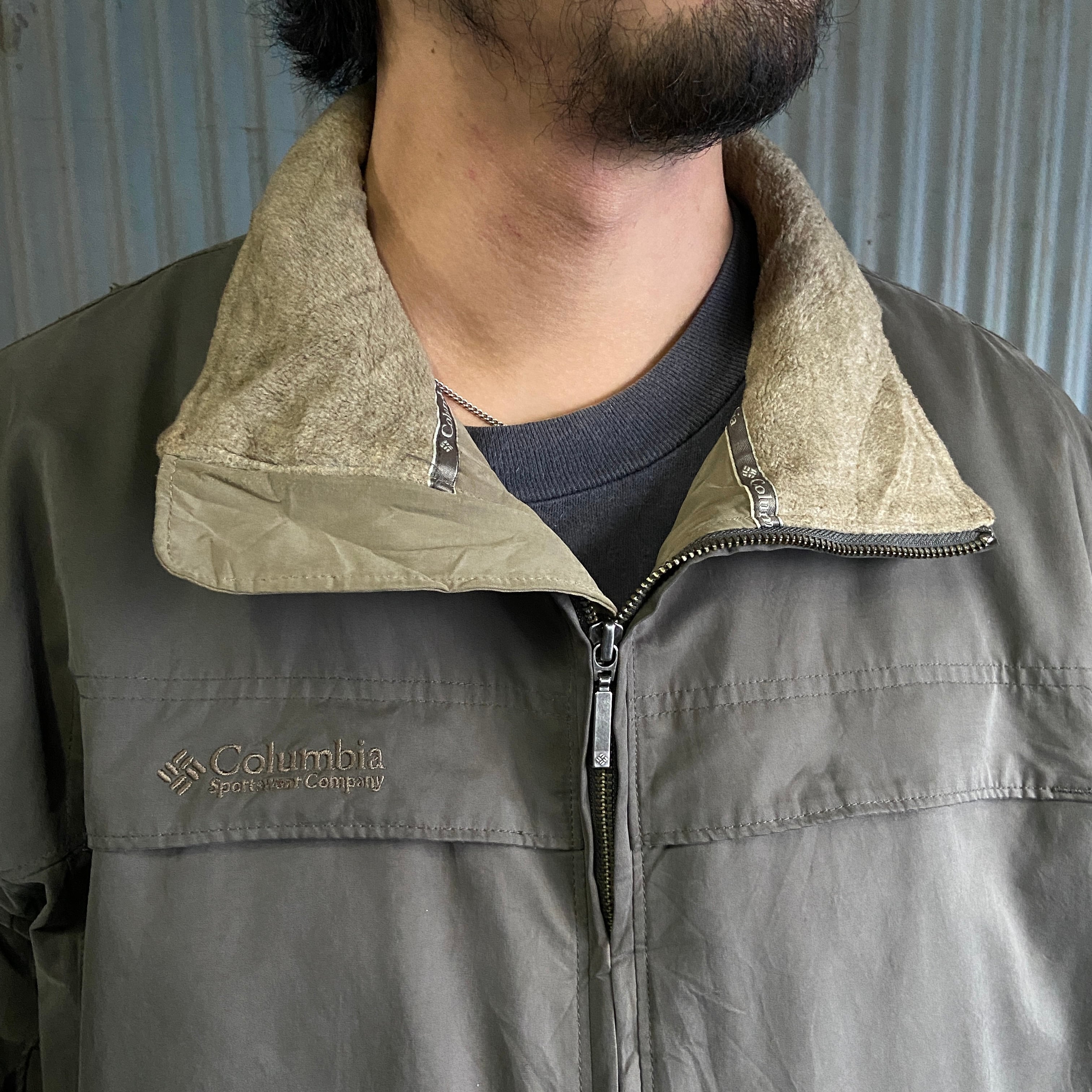 90s Columbia フリース ナイロンジャケット 裏起毛 オリーブ 古着 